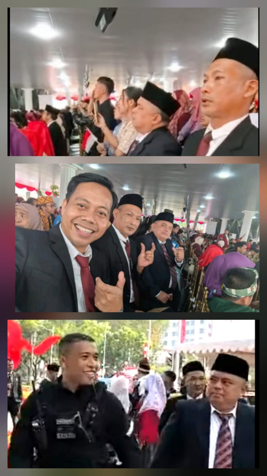 (Foto atas) Dekan Fakultas Agama Islam (FAI) Dr. H. Ahmad Fauzi mendampingi Rektor UMT Assoc.Prof.Dr. H. Desri Arwen, M.Pd. saat mengikuti Upacara Penurunan Bendera Merah Putih pada HUT RI Ke-81 di Istana Negara, Jakarta, Senin (17/8). (Foto: Ist./UMT). (Foto tengah; kiri ke kanan) Sekretaris Universitas Muhammadiyah Tangerang, Agus Kristian, Dekan Fakultas Agama Islam (FAI) Dr. H. Ahmad Fauzi, Rektor UMT Assoc.Prof.Dr. H. Desri Arwen, M.Pd. saat berpose bersama dengan menunjukkan khas UMT "U" dengan jari tangan, di Istana Negara, Jakarta, Senin (17/8) (Foto bawah); Rektor UMT, Assoc. Prof. Dr. Desri Arwen, M.Pd, (kanan) didampingin anggota Paspampres yang juga alumni UMT, menuju pelataran para tamu undangan Penurunan Bendera HUT RI Ke-81 di Istana Negara, Senin (17/8) petang. (Foto: ist./ UMT).